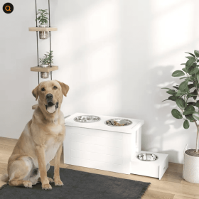 Elevated Dog Bowls With Slow Feeder Mat, Storage Cabinet, 3 Stainless Steel Bowls For Large & Extra Large Dogs, White (Color: White)